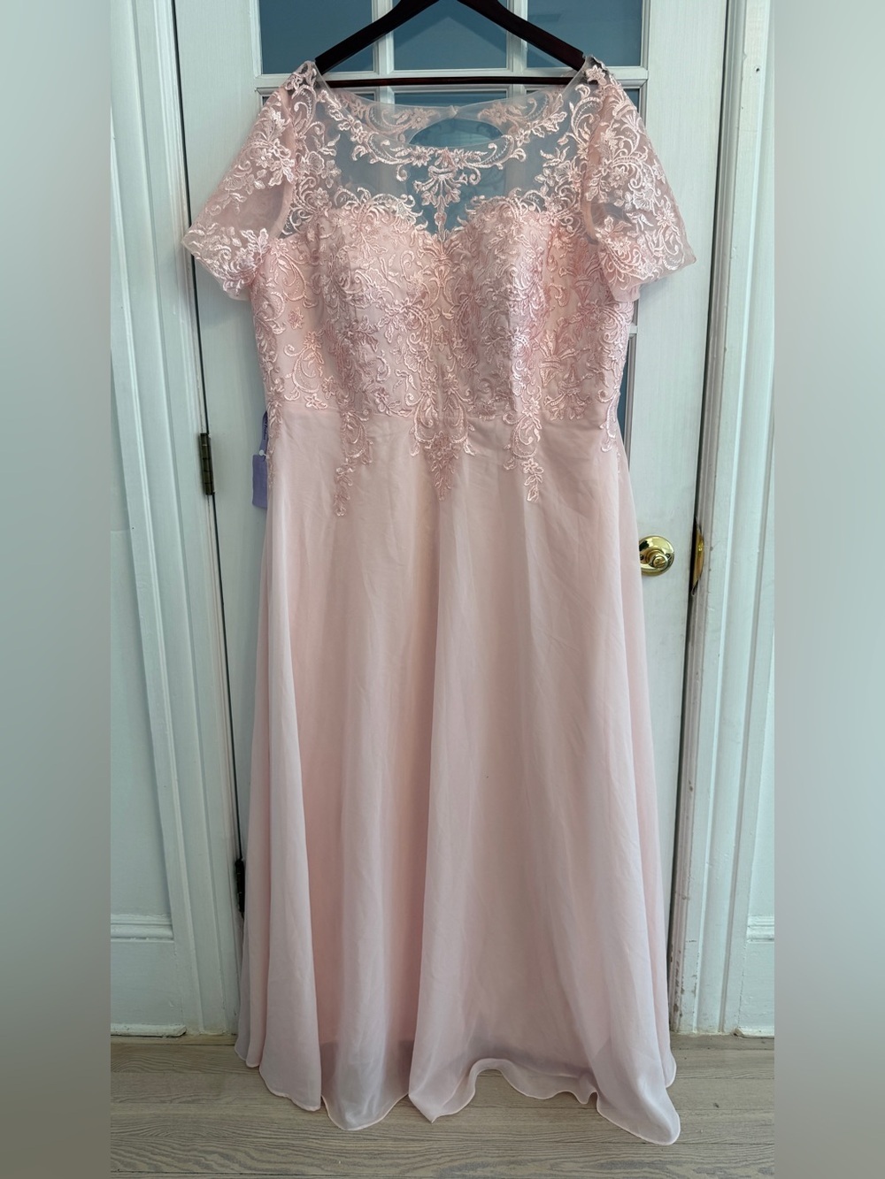 MISS VEIL Women's Light Pink Short Sleeve Lace Illusion Chiffon Formal Dress NEW